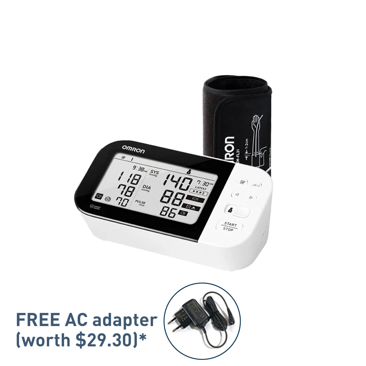 [Bundle Set] Upper Arm Automatic Blood Pressure Monitor HEM-7361T + Free AC Adapter